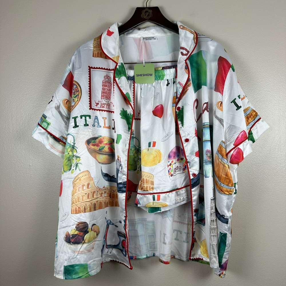 SHESHOW Women's XXL Pajama Set White Italian Travel Print Top and Shorts 2pc NEW